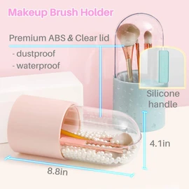 Kalevel Cosmetic Brush Holder Organizer Dustproof Container Makeup Color Removal Sponge Brush Net Sleeves with Pearls and Lid (Blue)