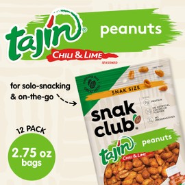 Snak Club Tajin Peanuts, Roasted Nuts with Chili and Lime Seasoning, Mild, Gluten-Free, Kosher Snacks, No Artificial Colors or Flavors, Low Cholesterol, 2.75 oz Snack Bags, 12 Pack