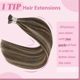 YoungSee I Tip Hair Extensions Human Hair Brown Highlight Itips Hair Extensions Human Hair Dark Brown with Blonde Highlight Tip Hair Extension Soft 20 Inch 50s 50g