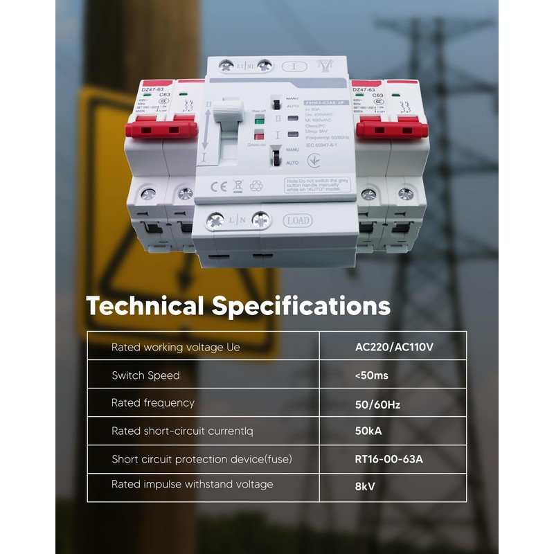 ATS AC Automatic Transfer Switch 2P 63A 220V with Overload