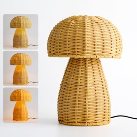 Rattan Boho Table Lamp, 3 Color Modes Small Wicker Mushroom Nightstand Lamp Cute Coastal Light for Bedroom Living Room Desk Entrance Corner
