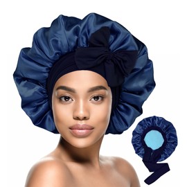 HiRui Silk Satin Bonnet for Sleeping Women, Double-Layer Sleep Cap Shower Cap with Adjustable Tie, Moisture Retaining Satin Lined Hair Bonnet for Curly and Natural Hair (Navy Blue/Light Blue, Large)