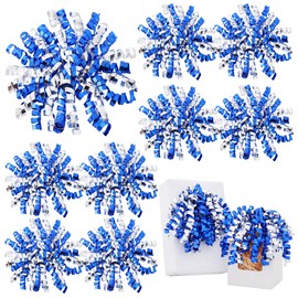 TONIFUL 6 Inch Blue and Silver Shiny Curly Ribbon Bows 8 Counts Self-Adhesive Gift Bows for Gift Wrapping, Boxes, Treat Bags, Wine Bottle- Christmas, Graduation, Valentines Party Decoration Supplies