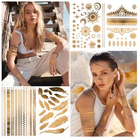DPKOW 9 Sheets Gold Temporary Tattoos - Moon Star Butterfly Glitter Tattoos for Festival Flash Fake Waterproof Body Art
