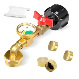 NICOLEKAY Propane Refill Adapter for 1lb. Tanks, 90 Degree Propane Adapter 20lb to 1lb Converter with Gauge and Control Valve for Propane Tank, Heater, Grill Stove, 4 Caps Included, Solid Brass
