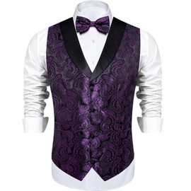 DiBanGu Black Purple Suit Vest for Men Silk Paisley Vest and Bow Tie Set with Lapel Pin Pocket Square Cufflinks Formal Waistcoat Prom XL