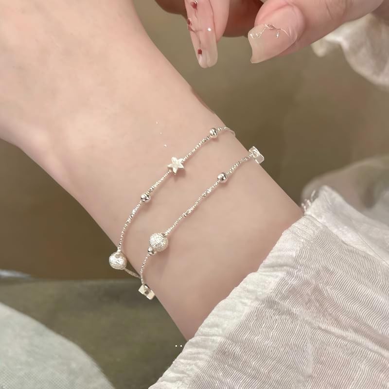 LTPSAHEZK Double Chain Bracelet with Star Pendant, 925 Silver Tone,
