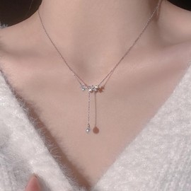 Sttiafay Boho Pearl Pendant Necklace Pearl Y Lariat Necklace Silver Rhinestone Pearl Choker Necklace Pearl Wedding Earrings Chain Jewelry for women