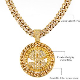 Hillban Diamond Link Gold Chain for Men with Rotatable Dollar Sign Pendant Necklace Hip Hop Rapper Chain Jewelry Gift for Men Women (12 mm, 18 Inch)