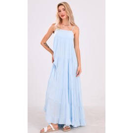 loveimgs Women Summer Spaghetti Strap Smocked Maxi Dress Tiered Ruffle Sleeveless Long Flowy Dress Beach Sundress (X-Small,Light Blue)