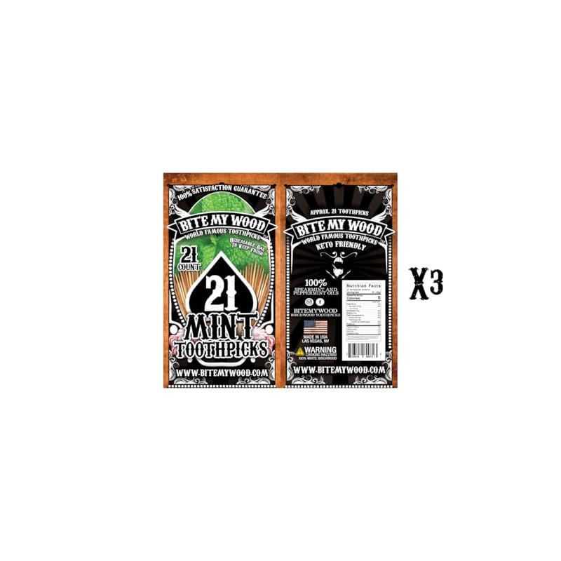 BiteMyWood Mint Toothpicks, 21 Count X 3 Bags Resealable Bag