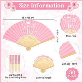 Threehoney 50 Sets Sweet 16 Favors for Guests Pink Folding Paper Fans Pink Bamboo Fans with Thank You Tags and Gift Bag Handheld Pink Fans Sweet Sixteen Party Favors Birthday Decorations for Girls
