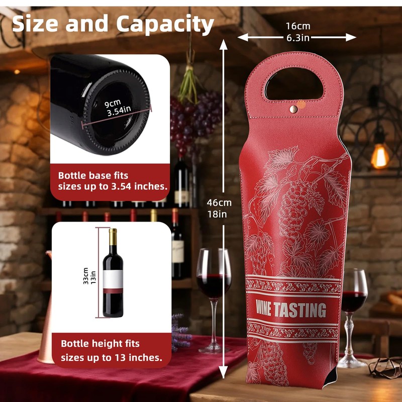 Wine Gift Bag, PU Leather Single-Bottle Wine Tote Carrier, Reusable