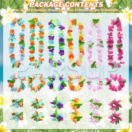 PARSUP 24pcs Hawaiian Leis Party Decorations, Flowers Headband Bracelet Necklace, Tropical Aloha Luau Hawaiian Party Night Bar Vacation Accessories for Women Men Adult