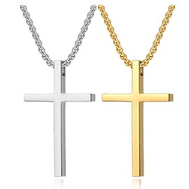 VQYSKO Cross Necklace for Men Women, CZ 14k Gold Plated Stainless Steel Plain Simple Cross Pendant Necklace for Men (24, 2Pcs Silver+Gold), Stainless Steel, stainless steel