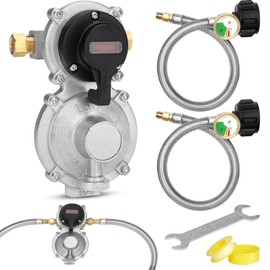 Aekops RV Propane Regulator 2 Tank Hoses for RV Trailer, 2 Stage Camper Propane Regulator Dual Kit with 2pcs 18" RV Propane Hose, Dual Propane Tank Connection Kit for RVs, Vans, Camper, 210,000 BTU