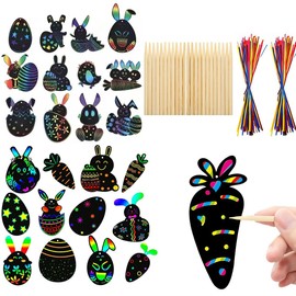 AWOGIPD Pack of 24 Scratch Pictures, Easter Scratch Pictures, Easter Egg Bunny Chick Shape with Ribbons Scratch Pen, Magic Colourful Rainbow Scratch Paper Card Scratch Crafts