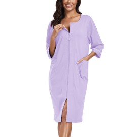 COLORFULLEAF Women's Bathrobe with Zip Dressing Gown Cotton Lightweight 3/4 Sleeves Sauna Gown with Pockets XS - 2XL, purple