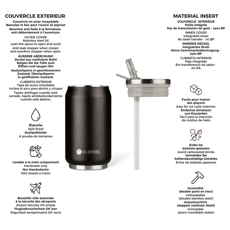 Les Aristes Paris Pull Can'IT Water Bottle, Stainless Steel, Black,