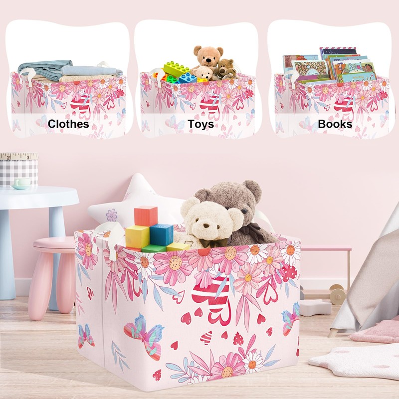 Clastyle Pink Flower Baby Laundry Hamper Kid Storage Basket Girl