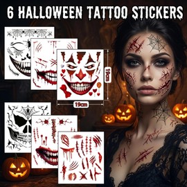 6 Sheets Halloween Face Tattoos, Halloween Scars Tattoos, Mouth Tattoo, Halloween Make Up Accessories