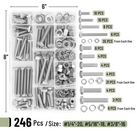 Mr. Pen- Hex Head Nuts and Bolts Assortment Kit, 246 pcs, Stainless Steel, #1/4"-20, #5/16"-18, #3/8"-16, Assorted Nuts and Bolts, Heavy Duty Screw Assortment Kit with Clear Storage Box