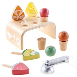 howa 4889 Children's Wooden Ice Cream Stand with Ice Cream Scoop, 3 Ice Balls and Waffles, 4 Ice Cream Style, Wooden Toy Ice Shop Accessories
