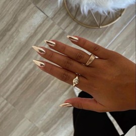 Mirror Metal Pale Gold Press on Nails Almond Shape Chrome Glazed Medium Almond Nails Press on Bling Shiny Plating Nails Acrylic Nails Reusable Fake Nails for Women Stiletto Glue on Nails Medium Length