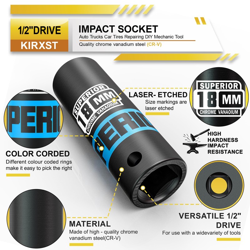 KIRXST Impact Wrench Nuts 1/2 Inch, SW 18 mm Power
