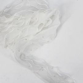 SUNMOVE 2 Yards White Pearl Trim Organza Lace Ribbon Ruffles Beaded Lace Edge Trim Wedding Dress Bridal Ribbon Sew On Applique Cloth Bag Hat Dress Decoration (White,2 Yards)