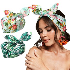 Ceenna 2 Pieces Wire Headbands for Women Beach Boho Tropical Summer Hawaiian Headbands Rabbit Ears Twist Bow Floral Headband Print Head Tie Gifts Knot Soft Stretchy Accessories for Women Hair Beach