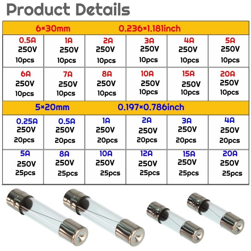 VIBICCK 24values390 Pieces Fast Burning Glass Fuse Combination kit 250V