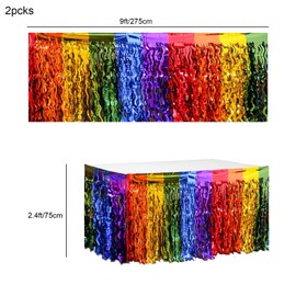 2pcs Rainbow Party Table Skirt Wavy Grass Table Skirt,Rainbow Metallic Tinsel Foil Fringe Table Skirts Rainbow Table Decorations for Birthday Baby Bridal Shower Unicorn Pride Party Table Decorations