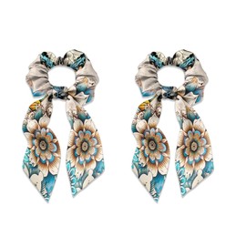 Qehuruxo Boho Flower Hair Scarf Scrunchies Set of 2 Satin Hair Bows Hair Clip Hair Ribbon Ponytail Holder Hair Decor Accessories Bow Hair Ties for Women Girls