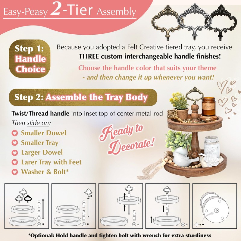 2 Tiered Tray Stand [Includes 3 Changeable Handles] - Rustic