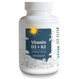 Vitamin D3 10000 I.E. mit 200μg Vitamin K2-180 vegetarische Tabletten - Depot: 1 Tablette pro 10 Tage