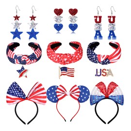 American Flag Headband 4th of July USA Star Heart Earrings -Red White and Blue Bow Headpieces Fourth of July Patriotic Brooches Pin Jewelry Accessories Gift
