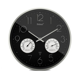 Mebus 12988 Radio Controlled Wall Clock with Thermo- and Hygrometer, Silent, Silver Frame, Black, Model 12988 - Functional and Elegant