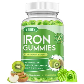 Iron Gummies with Multivitamin, Iron Supplement for Women & Men with Zinc, Vitamin B Complex & C, B12, Folate - Blood Builder & Energy Support for Adults & Kids - Green Apple & Kiwi Filled Gummies