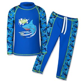 TFJH E Kids Boys Swimsuit UPF 50+ UV Sun Protective 2PCS Fish,Navy Long,9-10Y(Tag No.140/146)