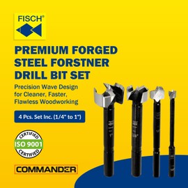 Fisch Black Shark Forged Steel Forstner Drill Bit Set for Woodworking, Precision Wave Design, Clean Cuts in Hardwoods, MDF, and Plywood, Made in Austria (4 Pcs. Set Inc.(1/4" to 1") in Blister Pack)