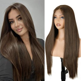 Kurope Brown Lace Front Wig for Women 13x4 Synthetic Lace Wig with Baby Hair 26 inch Long Straight Glueless HD Lace Wigs for Beginner Friendly