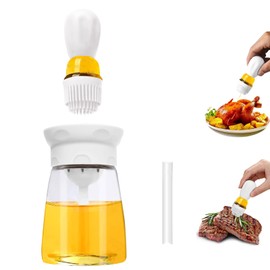 Oil Dispenser Bottle with Brush - 2 IN 1 Kitchen Olive Oil Container with Silicone Pastry Basting Brush for Cooking Vinegar Sauce BBQ Grill Frying, T-OB22, White