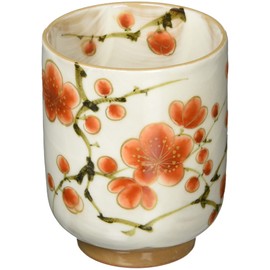 Kyo Ware 017-02 Kiyomizu Ware Pottery Kiln Tea Cup (In Wooden Box), Small, Red and White Plum Plum