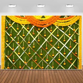 India Diwali Backdrop Puja Hindu Mehndi Festival Background Ganpati Pooja Backdrop India for Bridal Shower Wedding Party Marigold Garlands Photo Props 7X5FT