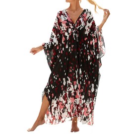 Vestidos de caftán para mujer, estampado colorido, Mrs Roper Caftan, traje de baño, vestidos de playa, Rojo-negro Floral, Talla única