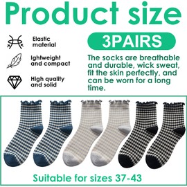 ASOMI 3 Pairs Ruffle Socks for Women, Striped Ruffle Socks, Cute Women Socks, Plaid Socks, Casual Cotton Knit Crew Socks (Black, Grey, Blue), Black, Grey, Blue