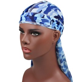 Men Camo Silk Durag Long Straps Silky Durags Bandana Waves cap (Black)
