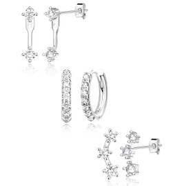 Silver Earrings for Women, 925 Sterling Silver Hypoallergenic Earrings Set for Multiple Piercing, Hoop Jacket Studs Earrings Silver Trendy Jewelry Gifts