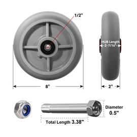 NINOSO 8" x 2" Heavy Duty Caster Wheels, 1/2" Bore Axle Industrial Caster Wheel with Roller Bearing, Set of 2 Crown Tread Rubber Wheel with 1400 lbs Capacity (2 Wheel)